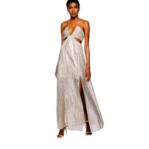 NWT TOPSHOP SILVER GLITTER CUTOUT HALTER TOP MAXI DRESS/GOWN US SIZE 4